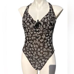 Baja Blue Vintage High Cut Swimsuit Black and White Floral One Piece Size 12